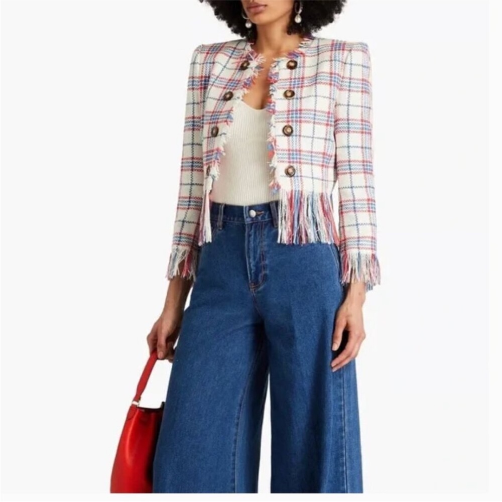 Veronica Beard Marlton White Blue Red Plaid Tweed Fringe Blazer Jacket Size 4 - Picture 3 of 16